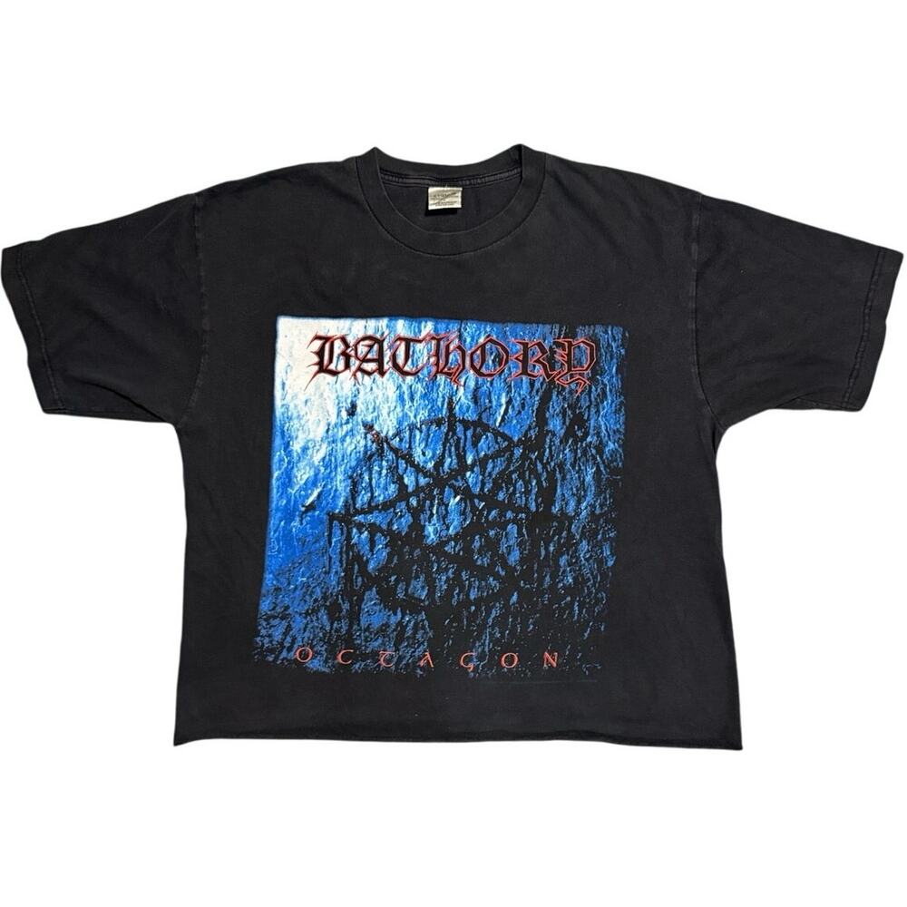 Vintage 2005 Bathory Octagon T Shirt Raw Hem Boxy Crop Cygnus Tag L 21.5x23.5